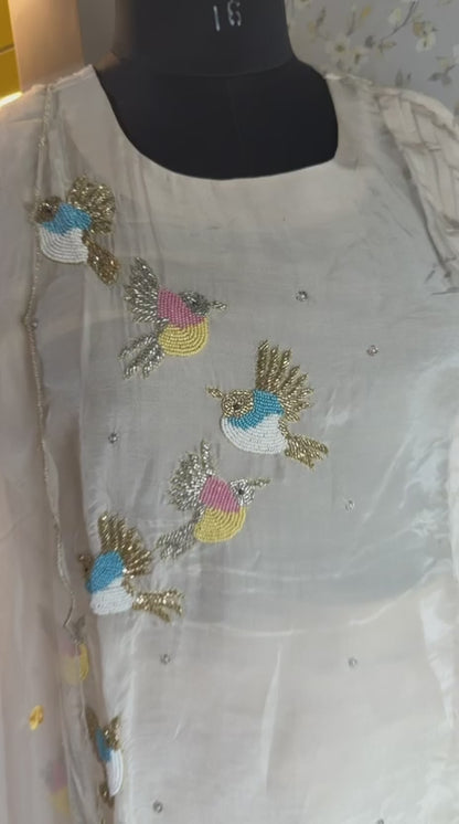 Stitched Crepe Suit with Hand-Embroidered Organza Dupatta
