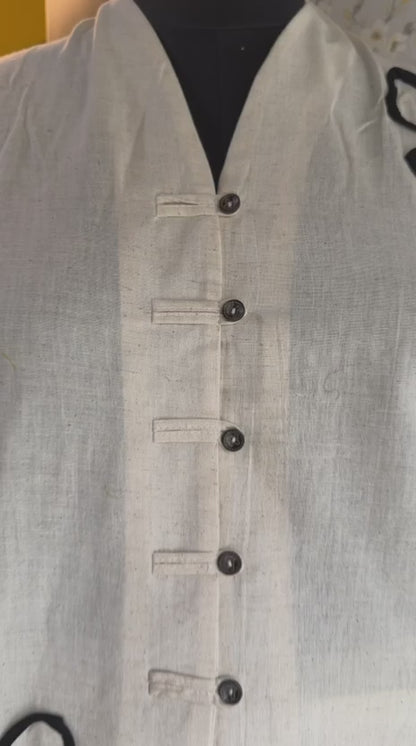 Off-White Khadi Cotton Co-ord Set with Floral Patch Detailing