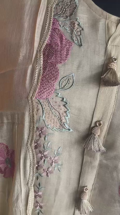 Green & Pink Mull Cotton Suit with Thread Work