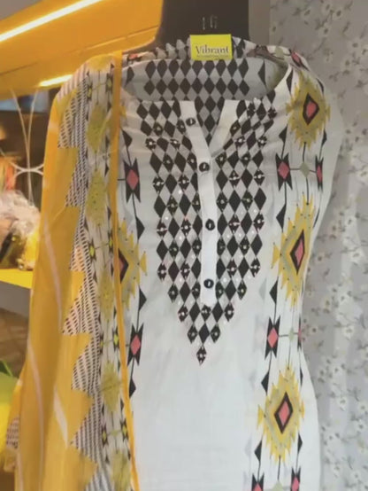 Ivory Aztec Print Unstitched Cotton Suit Set (Kurta, Pants & Dupatta)