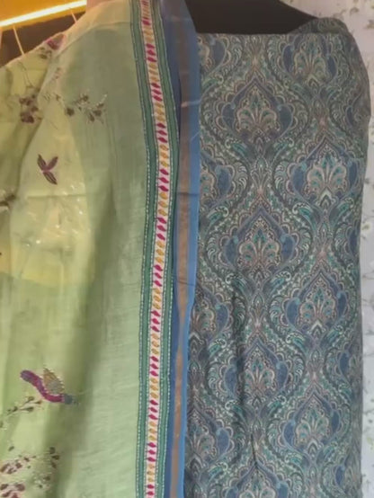 Chikankari Embroidered Unstitched Suit Set on Mul Chanderi