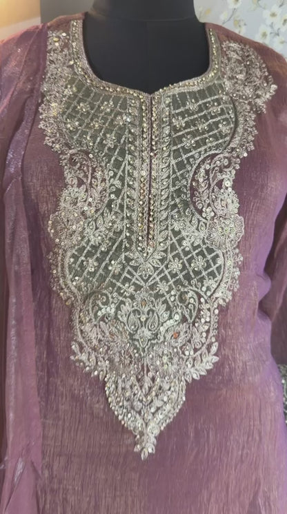 Crush Tissue Embroidered Suit Set with Wine & Green Detailing