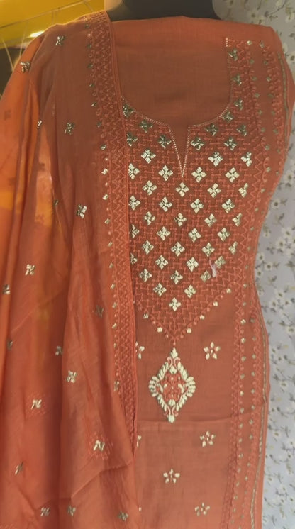 Chikankari Embroidered Unstitched Suit Set on Mul Chanderi