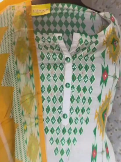 Ivory Aztec Print Unstitched Cotton Suit Set (Kurta, Pants & Dupatta)