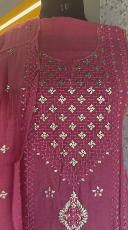 Chikankari Embroidered Unstitched Suit Set on Mul Chanderi