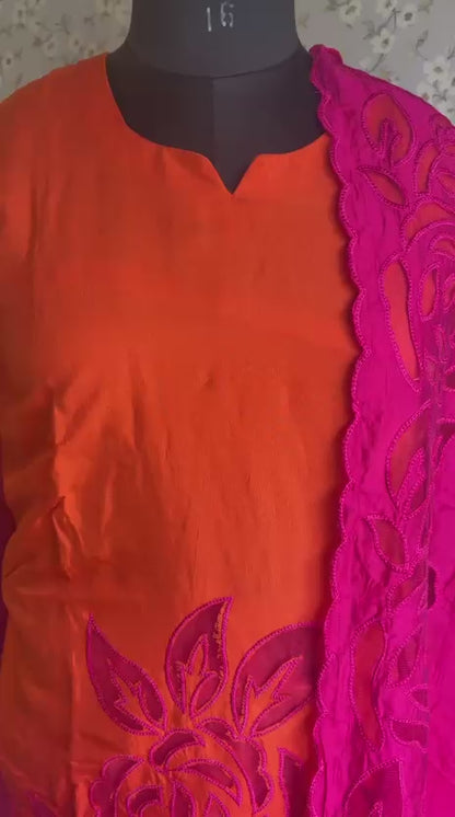 Multicolour Modal Suit with Patch Detail & Raw Silk Dupatta