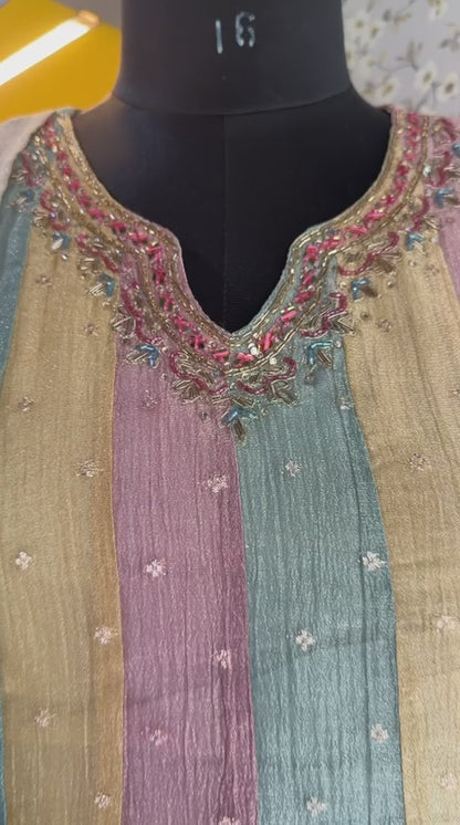 Pastel Multicolour Crush Tissue Hand Embroidered Suit Set