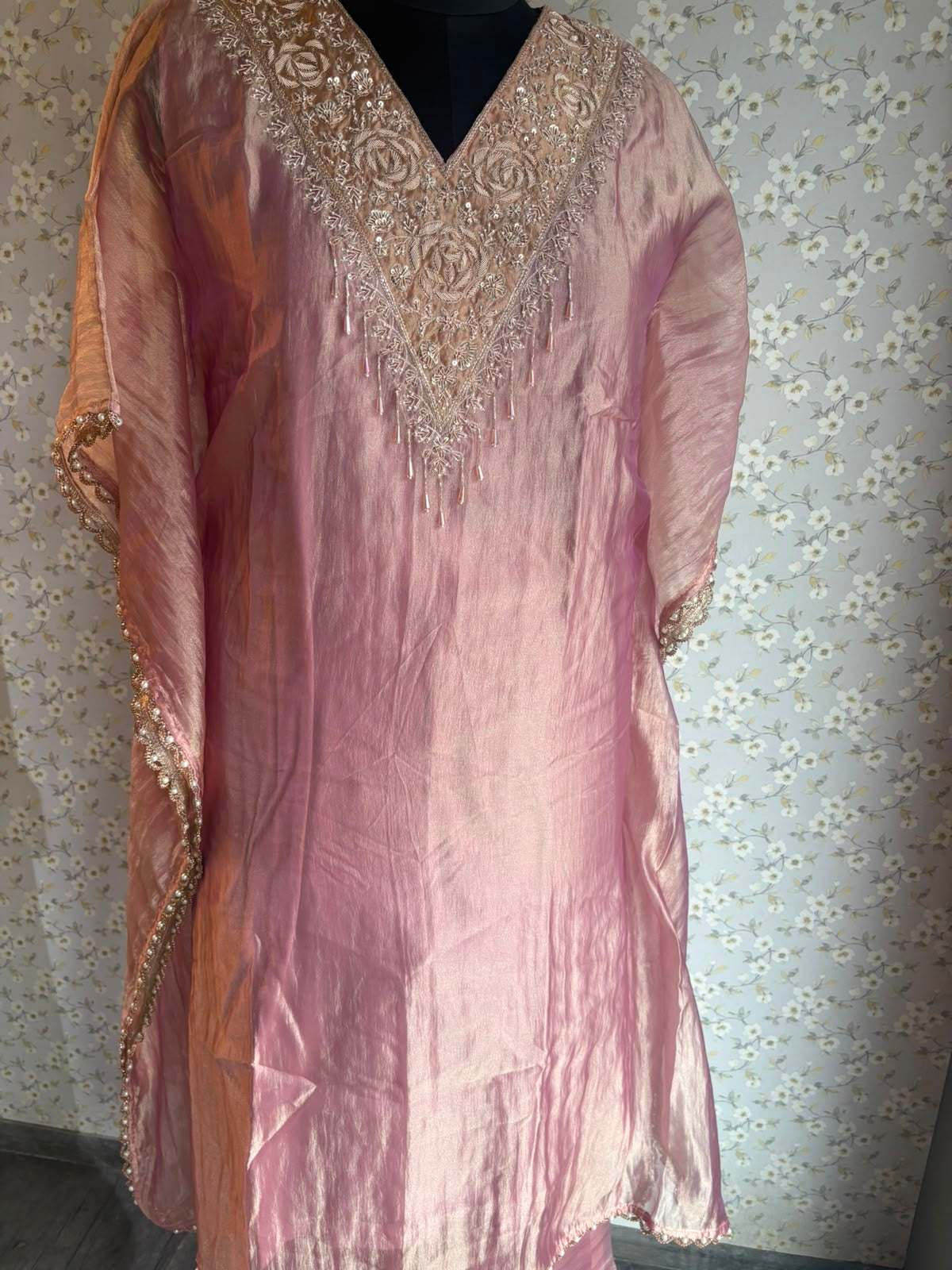 Yellow & Pink Crush Tissue Kaftaan Suit