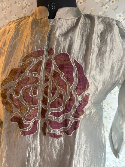 Grey Tissue Organza Suit with Patch Work