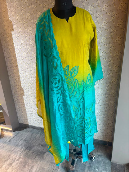 Multicolour Modal Suit with Patch Detail & Raw Silk Dupatta