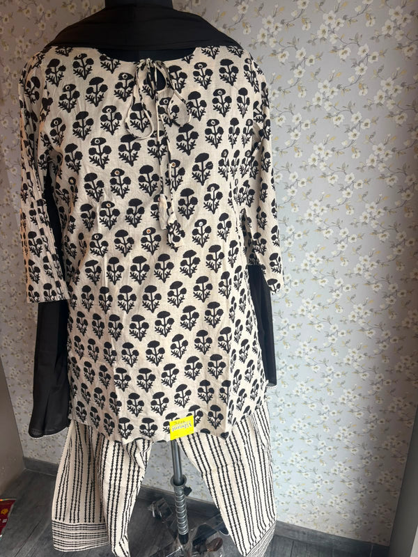 Off White & Black Pure Cotton Suit with Farshi Salwar