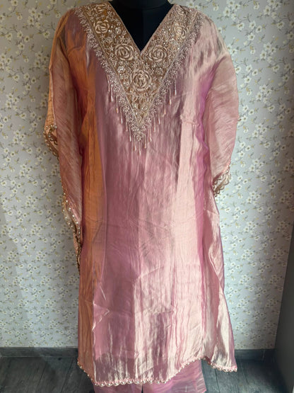 Yellow & Pink Crush Tissue Kaftaan Suit