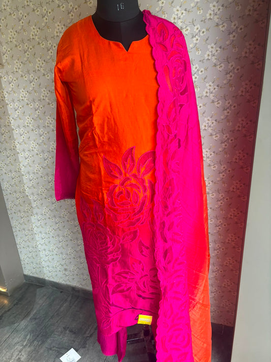 Multicolour Modal Suit with Patch Detail & Raw Silk Dupatta