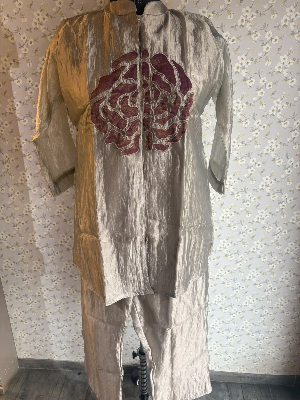 Grey Tissue Organza Suit with Patch Work