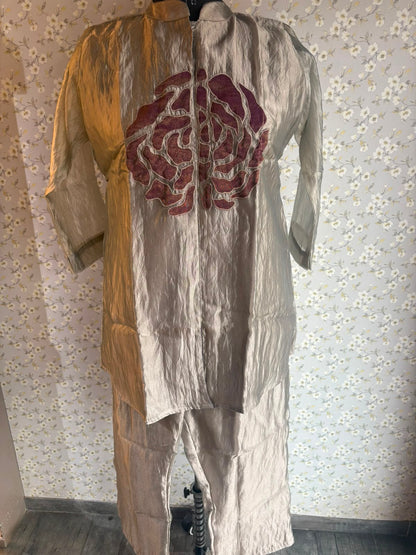 Grey Tissue Organza Suit with Patch Work