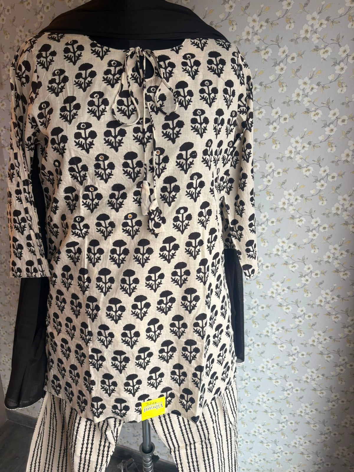 Off White & Black Pure Cotton Suit with Farshi Salwar