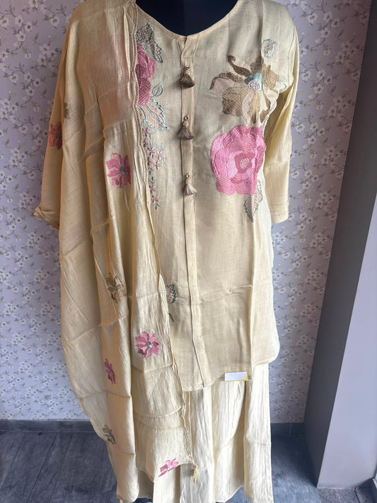 Green & Pink Mull Cotton Suit with Thread Work