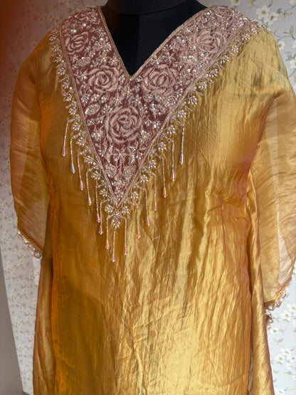 Yellow & Pink Crush Tissue Kaftaan Suit