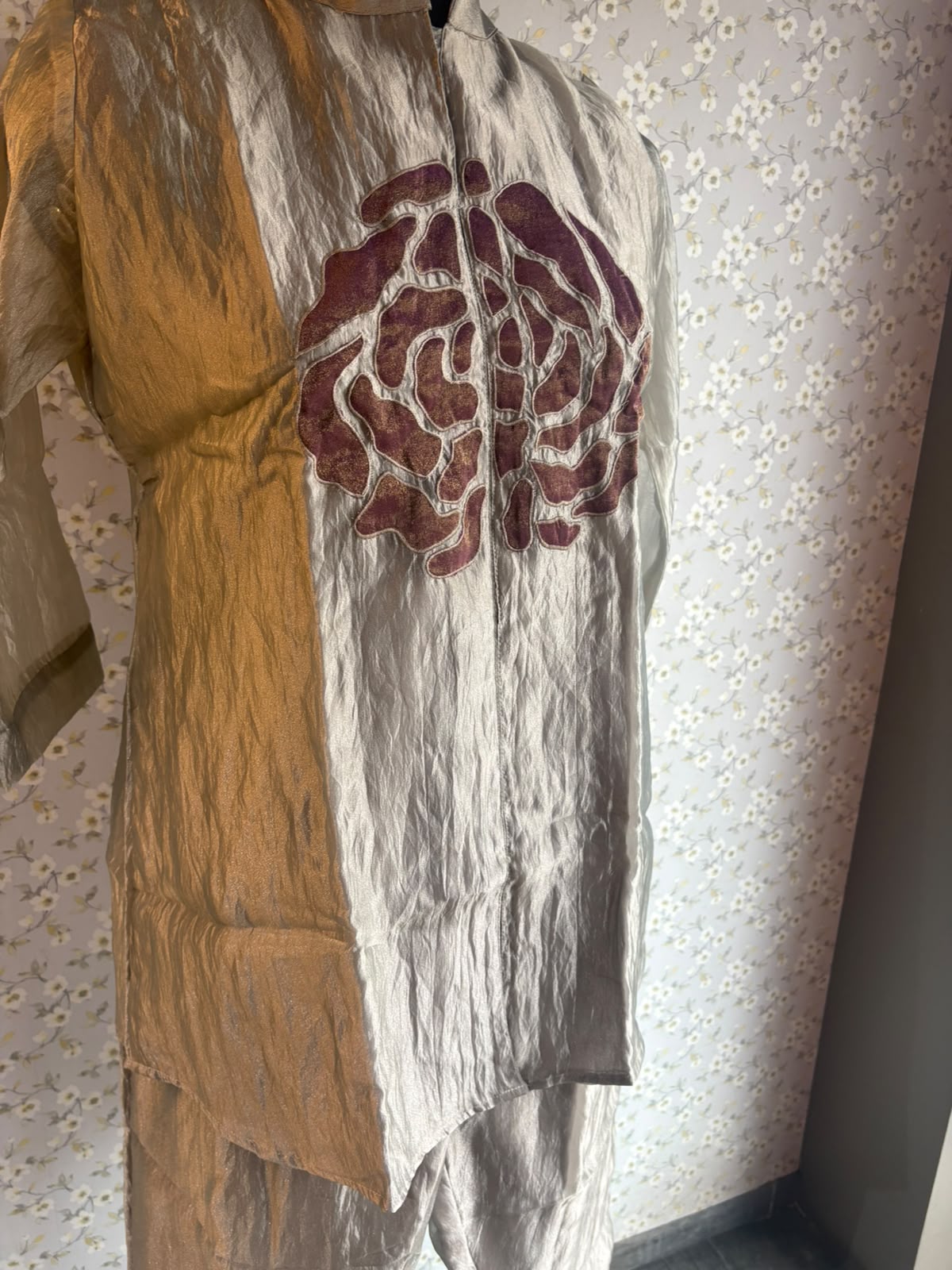 Grey Tissue Organza Suit with Patch Work
