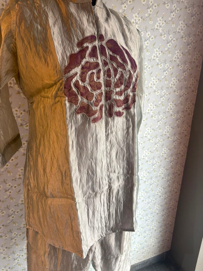 Grey Tissue Organza Suit with Patch Work