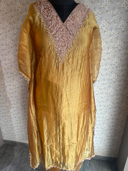 Yellow & Pink Crush Tissue Kaftaan Suit