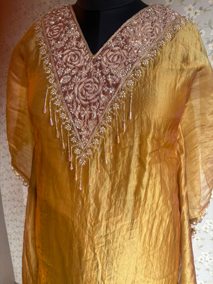 Yellow & Pink Crush Tissue Kaftaan Suit