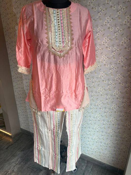 Peach Raw Silk Suit with Mirror Detailing
