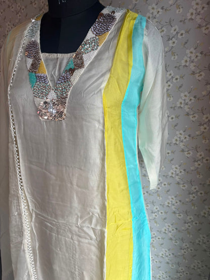 Off White & Pink Organza A-Line Suit with Pearl Detailing