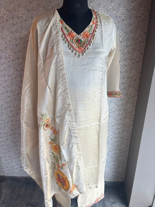 Off White Striped Shimmer Tissue Suit with Embroidery