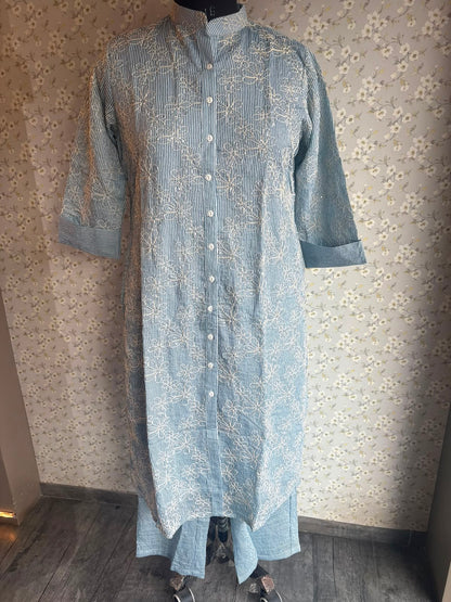 Sky Blue Cotton Suit with Thread Detailing