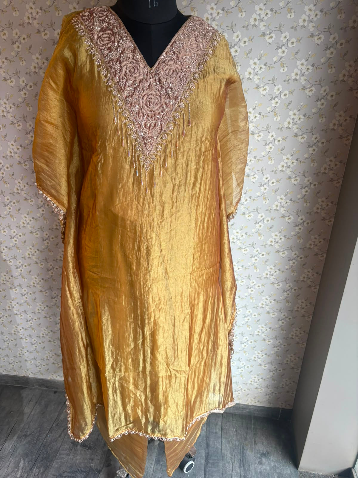 Yellow & Pink Crush Tissue Kaftaan Suit