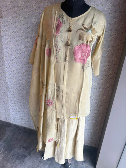 Green & Pink Mull Cotton Suit with Thread Work