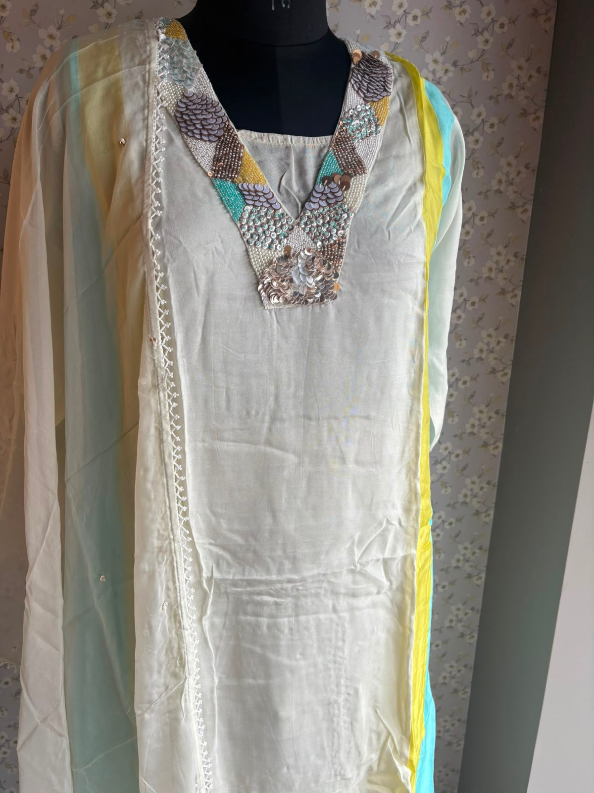 Off White & Pink Organza A-Line Suit with Pearl Detailing