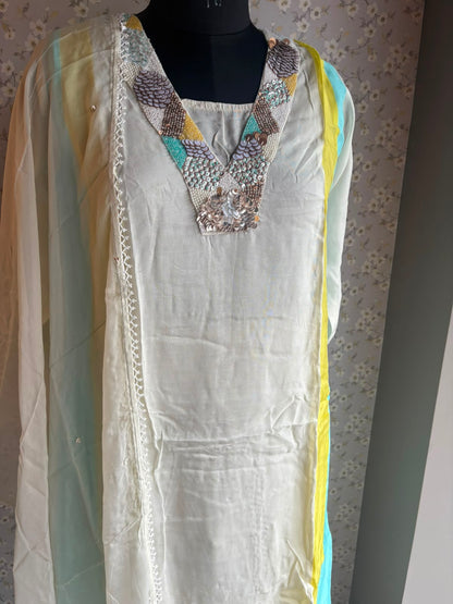 Off White & Pink Organza A-Line Suit with Pearl Detailing