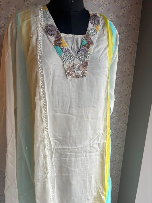Off White & Pink Organza A-Line Suit with Pearl Detailing