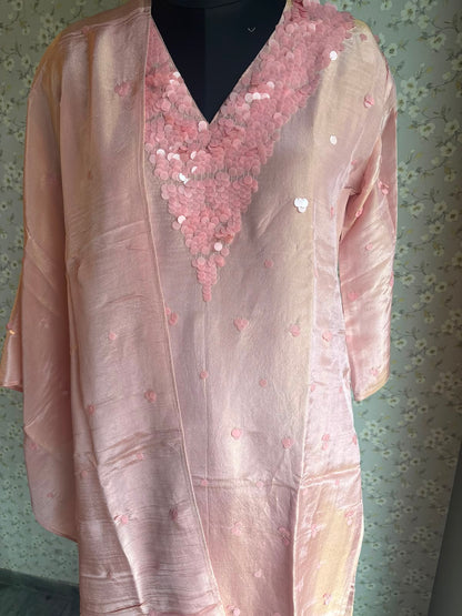 Shimmer Tissue Suit with Embroidered Neck & Sleeves