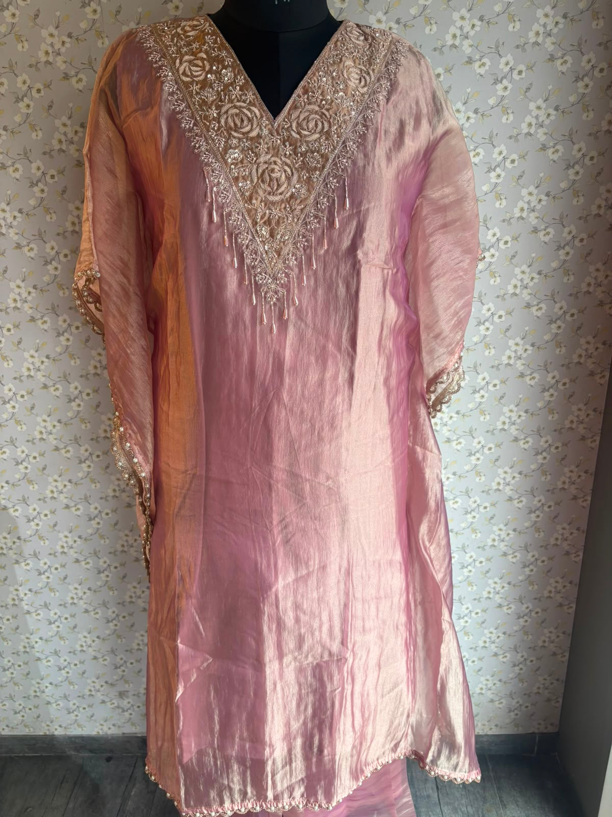 Yellow & Pink Crush Tissue Kaftaan Suit