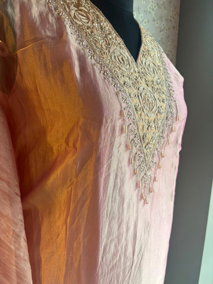 Yellow & Pink Crush Tissue Kaftaan Suit