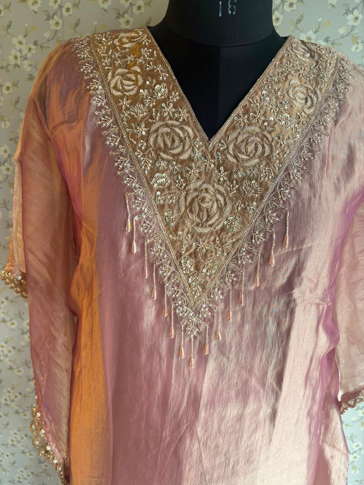 Yellow & Pink Crush Tissue Kaftaan Suit