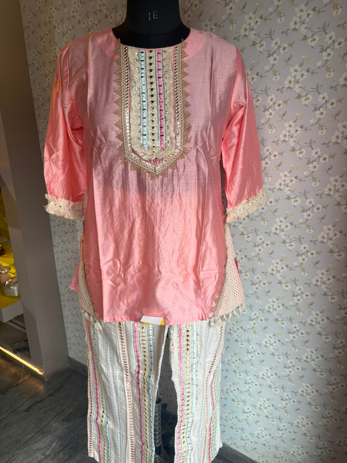 Peach Raw Silk Suit with Mirror Detailing